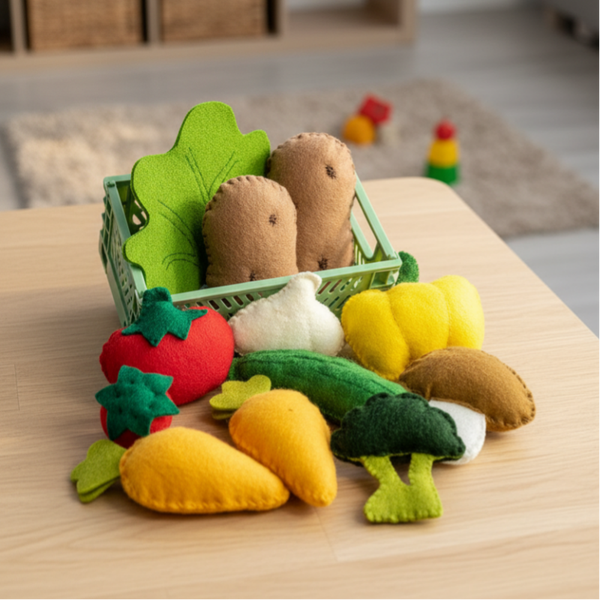 "Green Goodies" - Frisch vom Miniwochenmarkt: Filz-Gemüse für kleine Händler