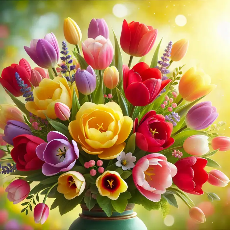 Een kleurrijk boeket met tulpen, rozen, krokussen en lavendel in een vaas, stralend in het zonlicht, voor een vrolijke en levendige uitstraling.