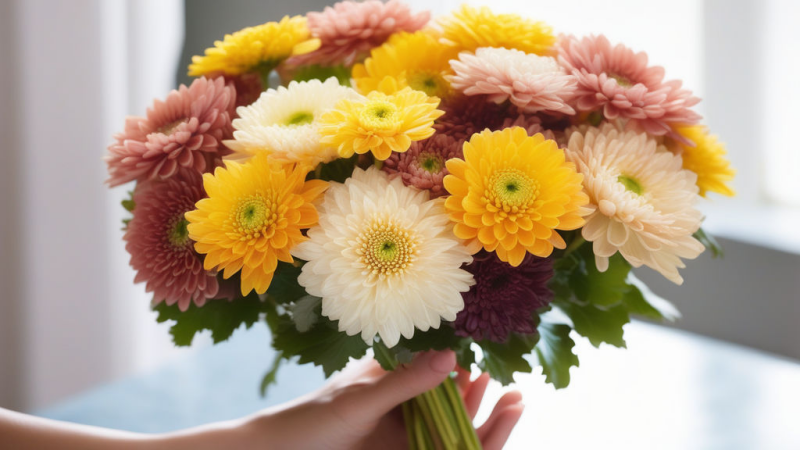 Rouwboeket chrysanten in de hand