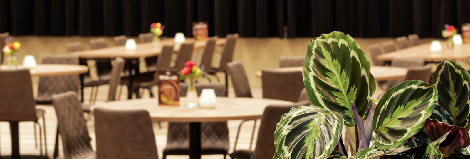 Modern ingerichte zaal met ronde tafels, comfortabele stoelen en sfeervolle decoratie – geschikte binnenlocatie voor koffietafels, herdenkingsbijeenkomsten of condoleances.