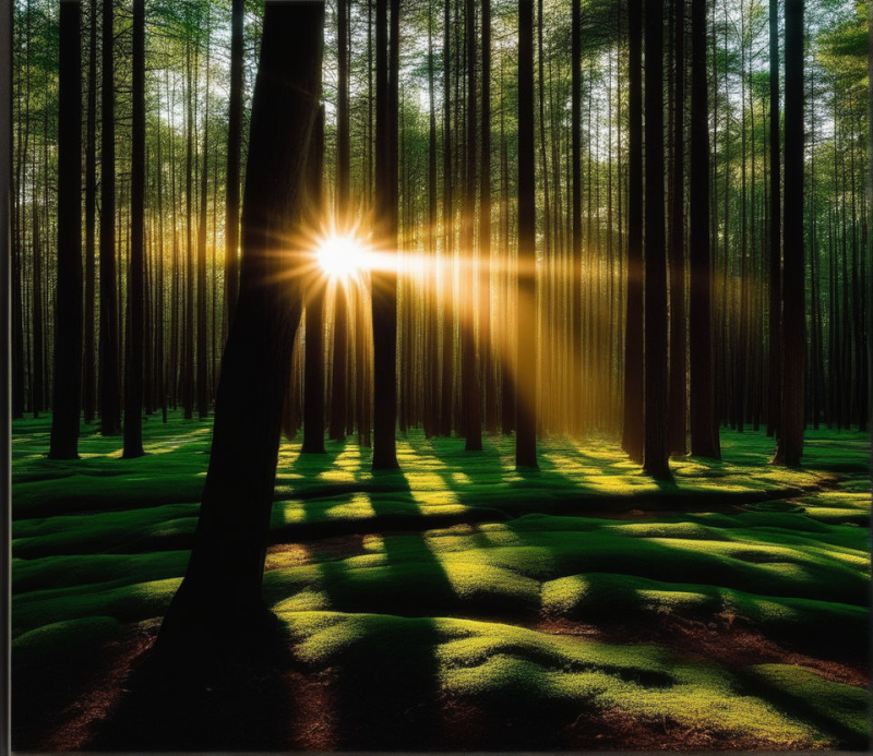 Lichtstraal die door een bos van hoge bomen schijnt, met groen mos op de grond, wat een serene en rustgevende sfeer creëert.