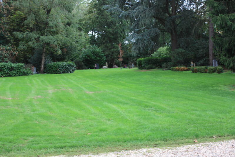 Open groen grasveld op begraafplaats.