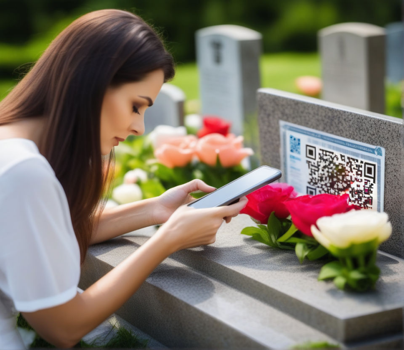 Vrouw met mobiele telefoon in de hand voor een graf klaar om de QR code te scannen die op het graf is geplaatst om zo te herinneren met een QR code.