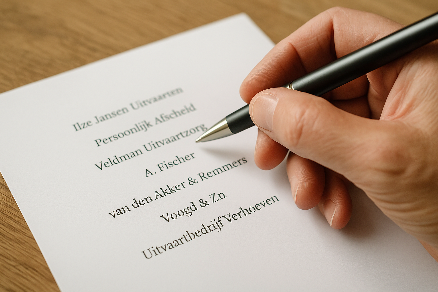 Hand met pen selecteert aan de hand van een lijst op een document de juiste uitvaartonderneming.