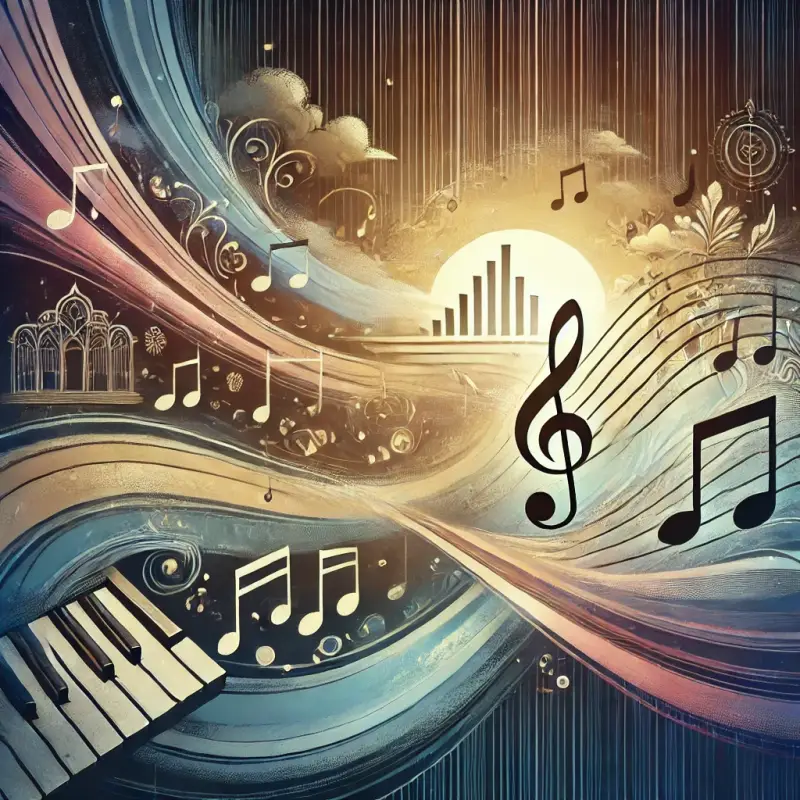 Muzieknoten en notenbalk in een futuristische omgeving.