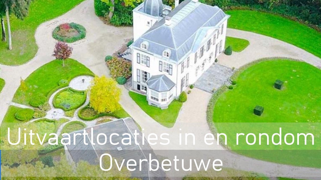 Luchtfoto van landgoed loenen met groene grasvelden rondom het hoofdgebouw en de tekst uitvaartlocaties in en rondom Overbetuwe
