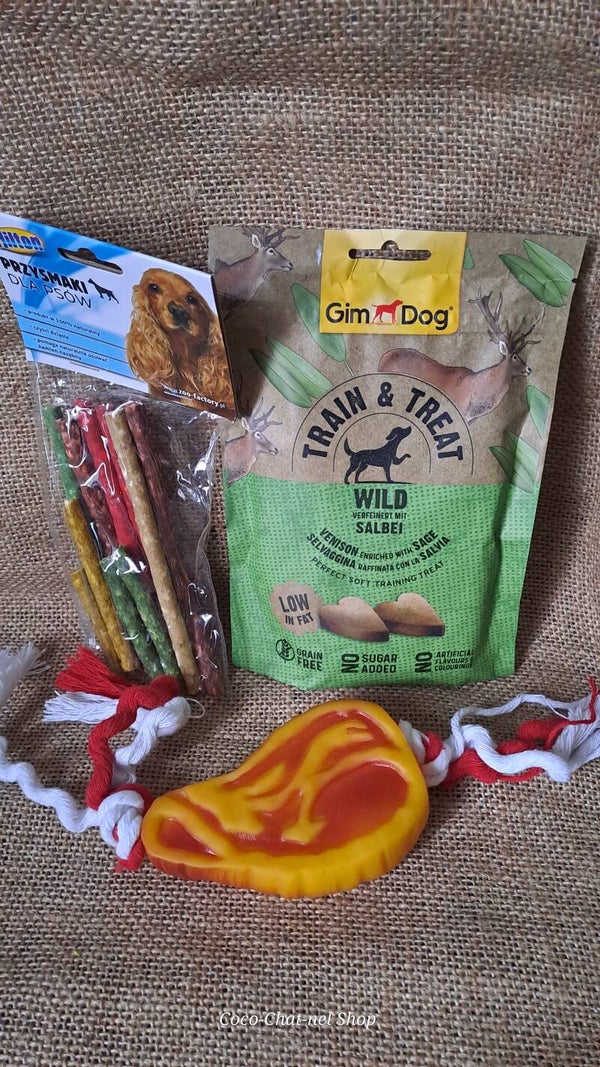 Lot chiens – Bâtons à mâcher Hilton + Friandises GimDog  + Jouet os à ficelles
