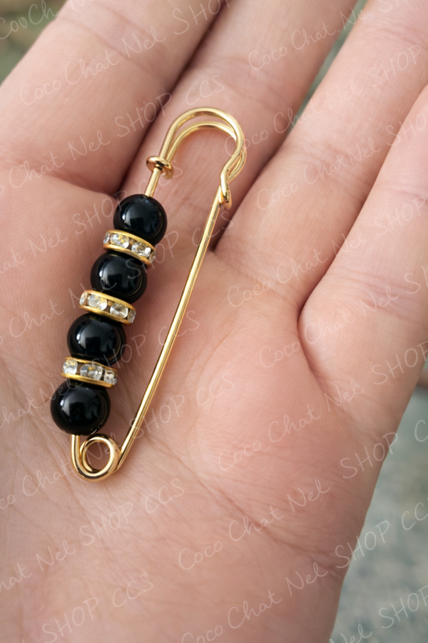 Épingle dorée style broche avec perles noires & strass – Bijou élégant femme – Coco Chat Nel shop CCS