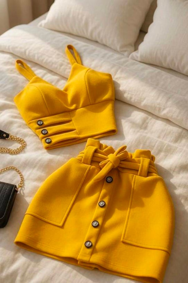 Ensemble 2 Pièces Crop Top + Jupe Courte Jaune Moutarde – Boutons Dorés – Ceinture Nœud – Taille 42 – Neuf