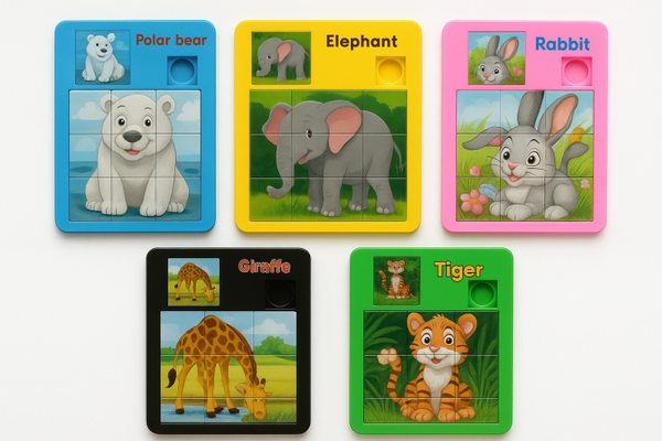 🧩 Puzzles Coulissants – Animaux (ours, éléphant, lapin, girafe, tigre)