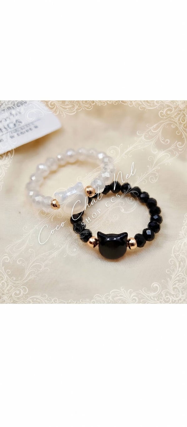Bagues Élastiques Chat Noir & Chat Blanc – Perles & Or | Duo Kawaii