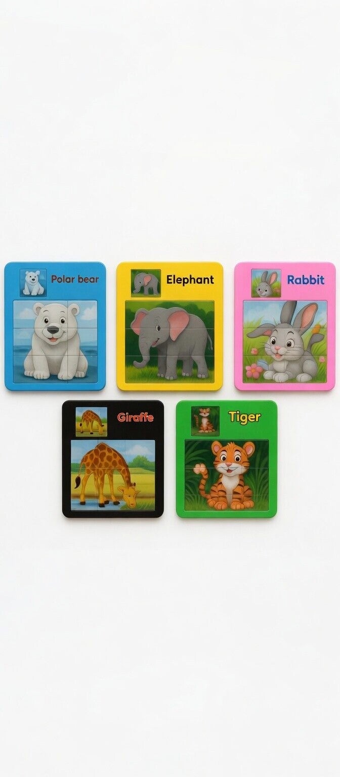 🧩 Puzzles Coulissants – Animaux (ours, éléphant, lapin, girafe, tigre)