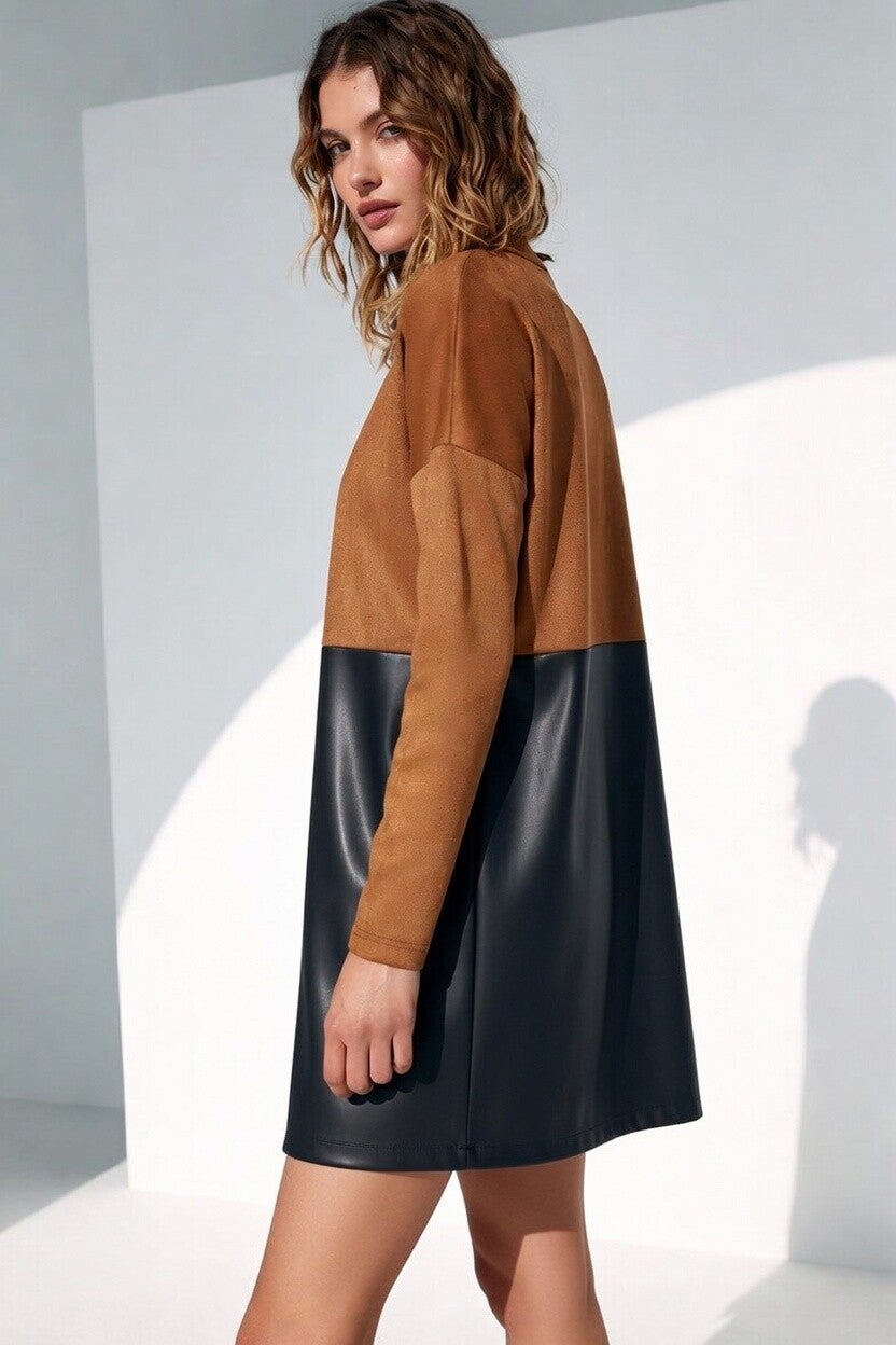 Veste longue bimatière suédine et simili cuir