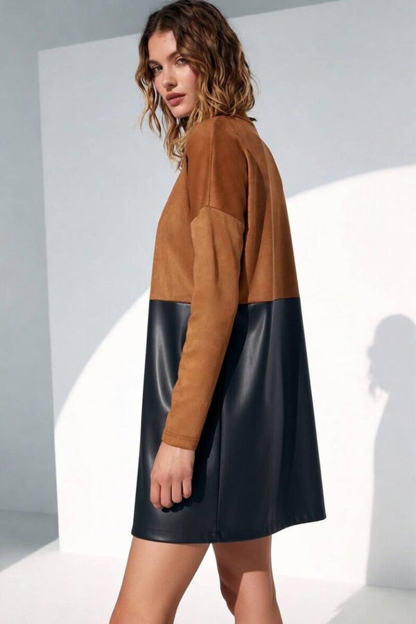 Veste longue bimatière suédine et simili cuir