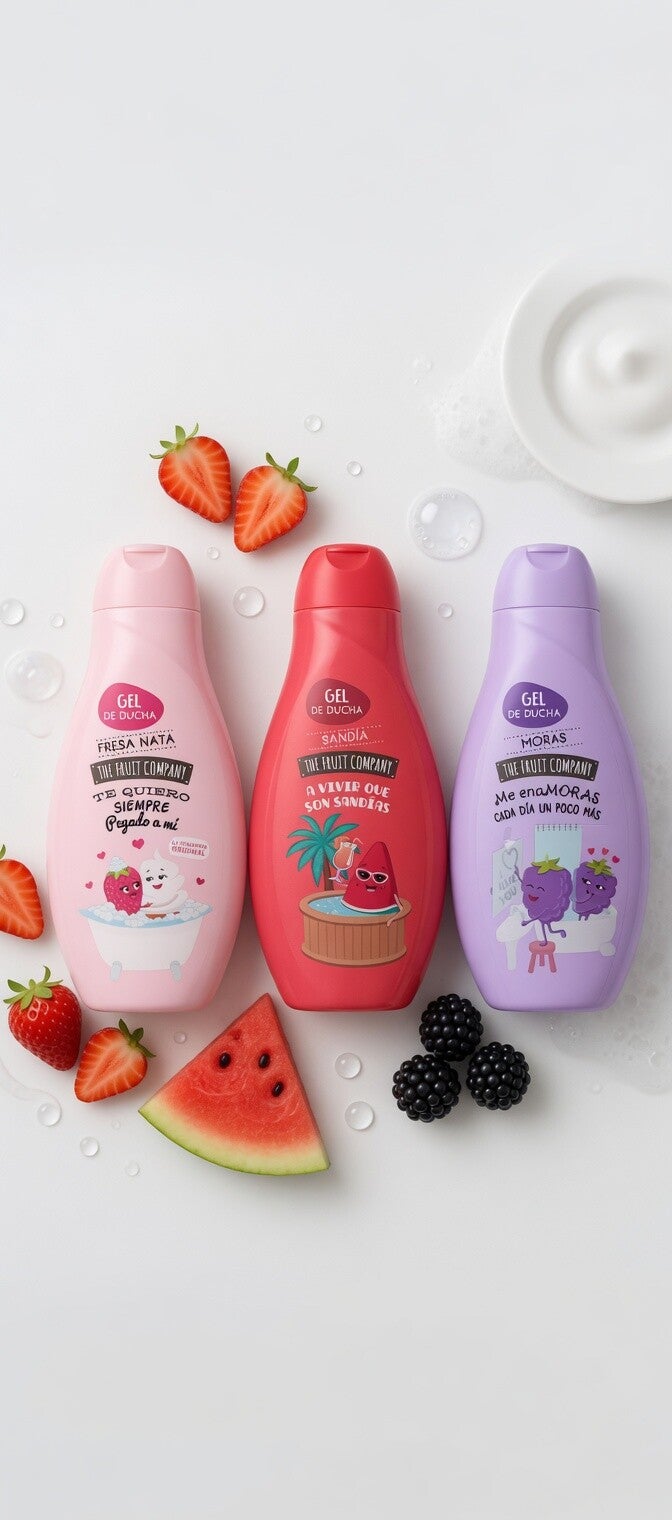 Gel Douche The Fruit Company 650 ml XXL – Fresa Nata (Fraise Nata) • Sandía (Pastèque) • Moras (Mûres)