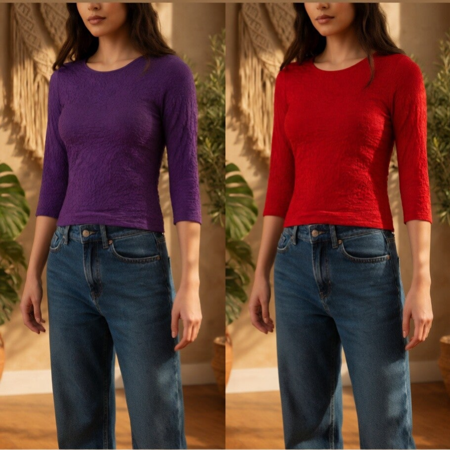 Top Texturé Chic Manches 3/4 – Taille 36 – Rouge ou violet Violet – Très Bon État