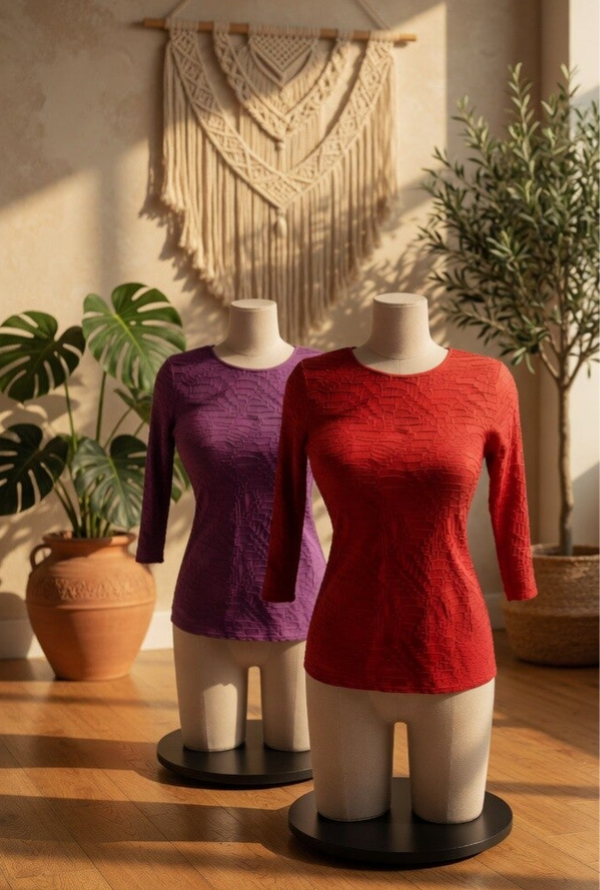 Top Texturé Chic Manches 3/4 – Taille 36 – Rouge ou violet Violet – Très Bon État