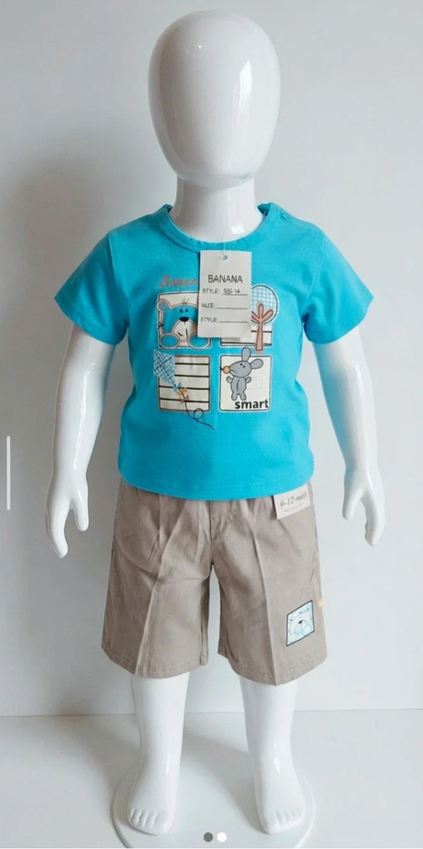 Ensemble Bébé 12 Mois T-Shirt Turquoise + Short Beige BANANA - Neuf