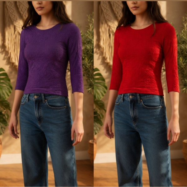 Top Texturé Chic Manches 3/4 – Taille 36 – Rouge ou violet Violet – Très Bon État