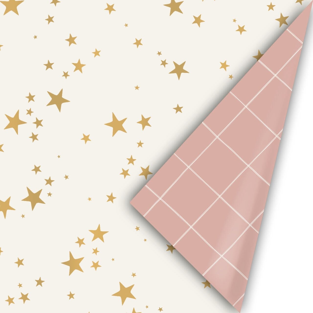 Cadeaupapier dubbelzijdig - Roze lijntjes / goud-wit sterretjes Xmas