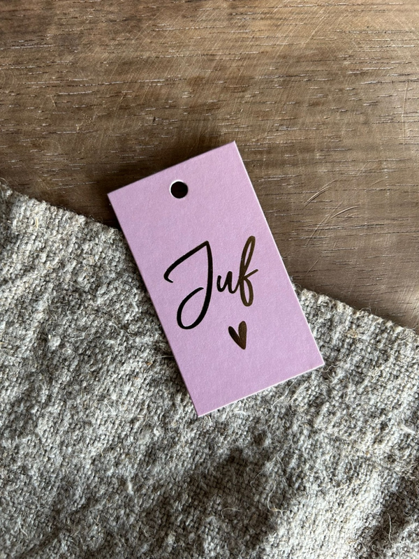 Cadeaulabel - Juf hartje roze - 40x70mm