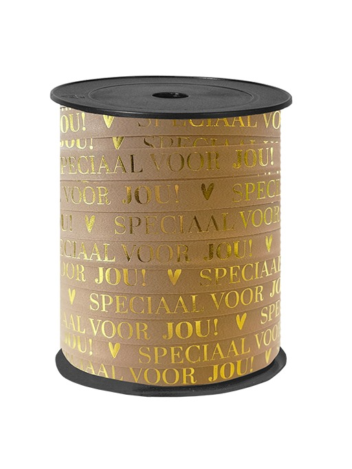 Bedrukt cadeaulint - Speciaal voor jou mokka/goud - 10mm x rol 10 mtr