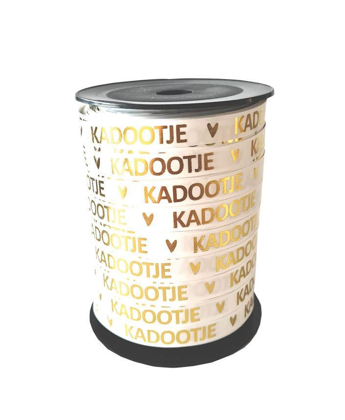 Cadeaulint bedrukt - Kadootje, wit/goud - 10mm x rol 10 mtr