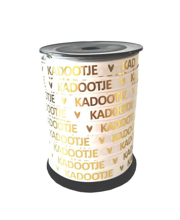 Cadeaulint bedrukt - Kadootje, wit/goud - 10mm x rol 10 mtr