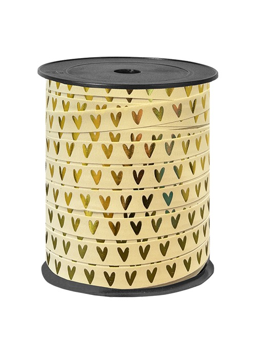 Lint bedrukt - Hartjes Beige/Goud 10mm x rol 10mtr