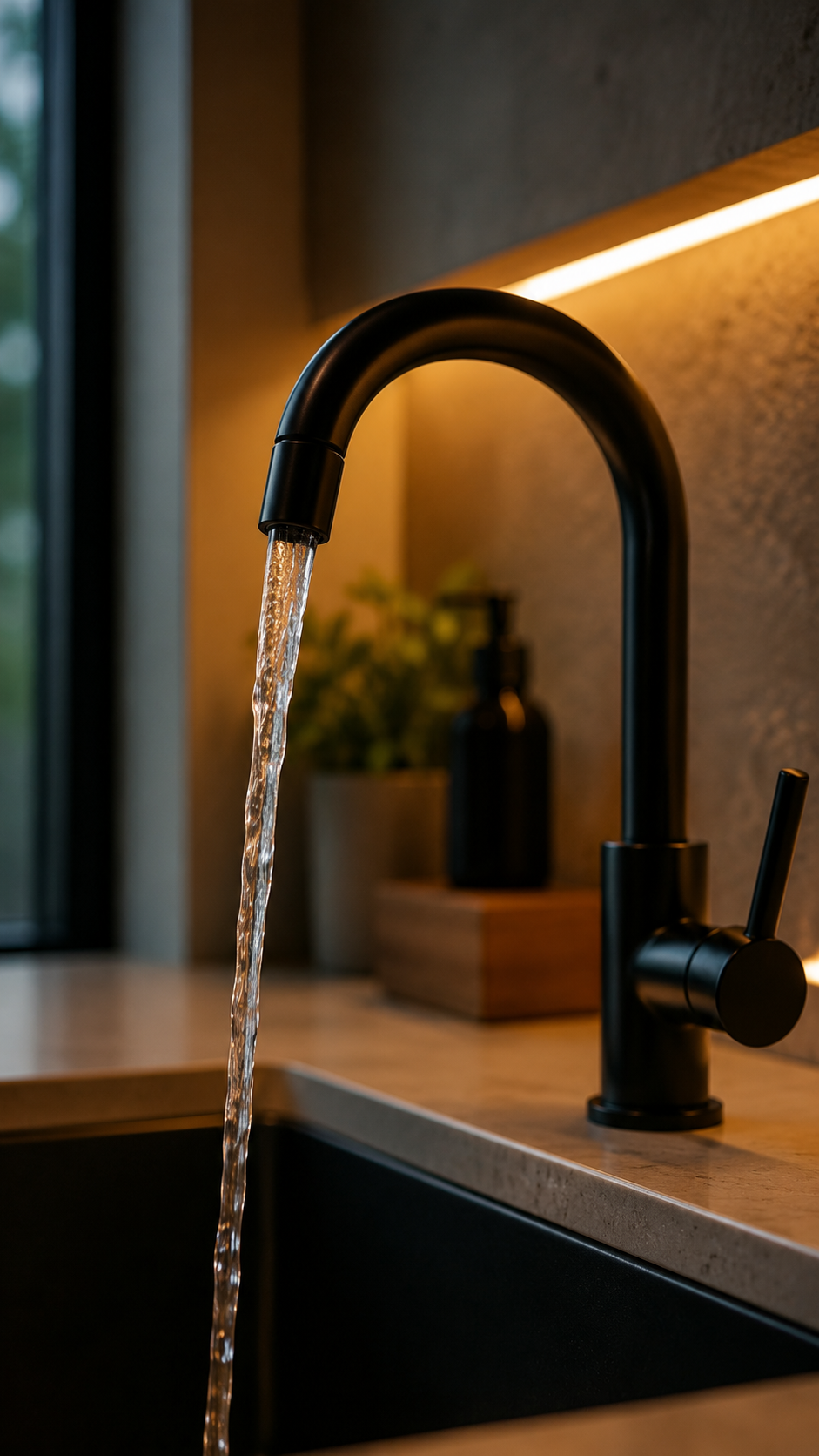Helder water uit een matte zwarte kraan