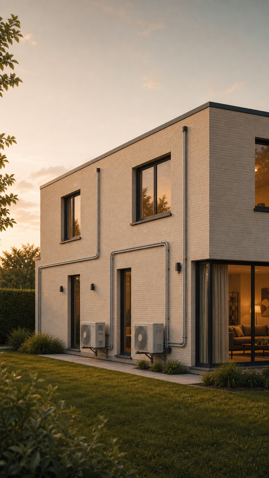 Gevel met buitenunits en leidingen