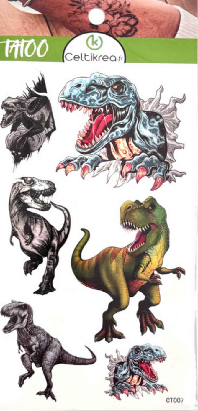 🦖 Tatouage Éphémère – Motif Dinosaures Prédateurs et Amicaux
