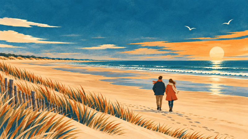 Illustration de promeneurs sur une plage bordée de dunes dans la lumière douce de l’automne.