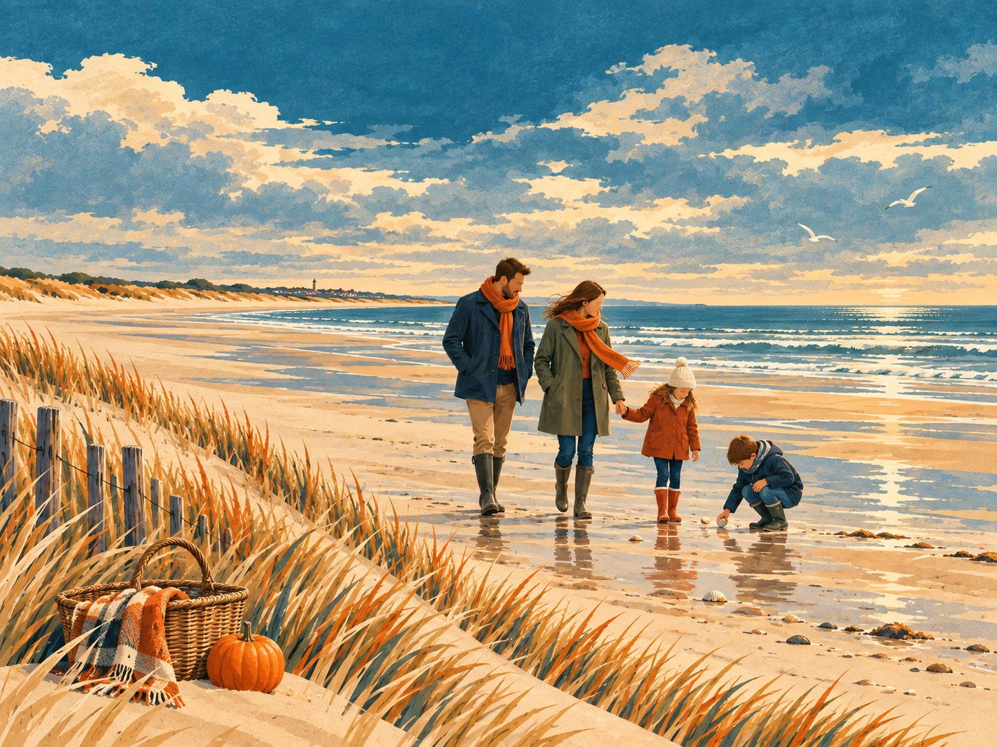 Illustration d’une famille en manteaux et bottes sur une grande plage à l’automne.