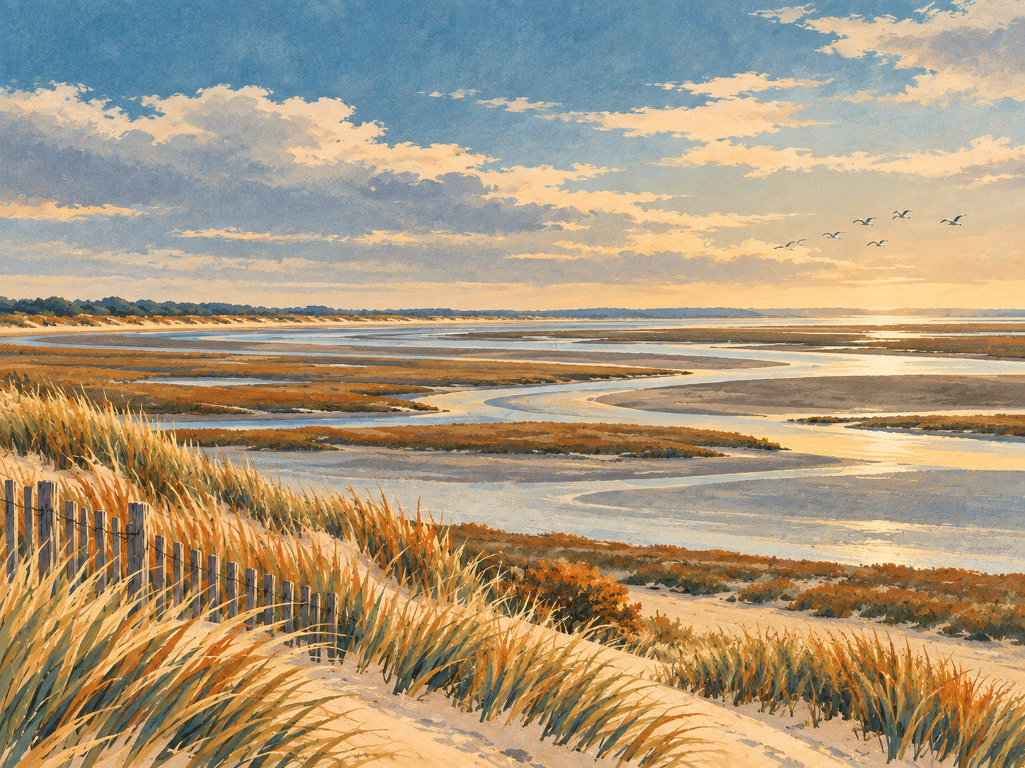Illustration de promeneurs sur une plage bordée de dunes dans la lumière douce de l’automne.