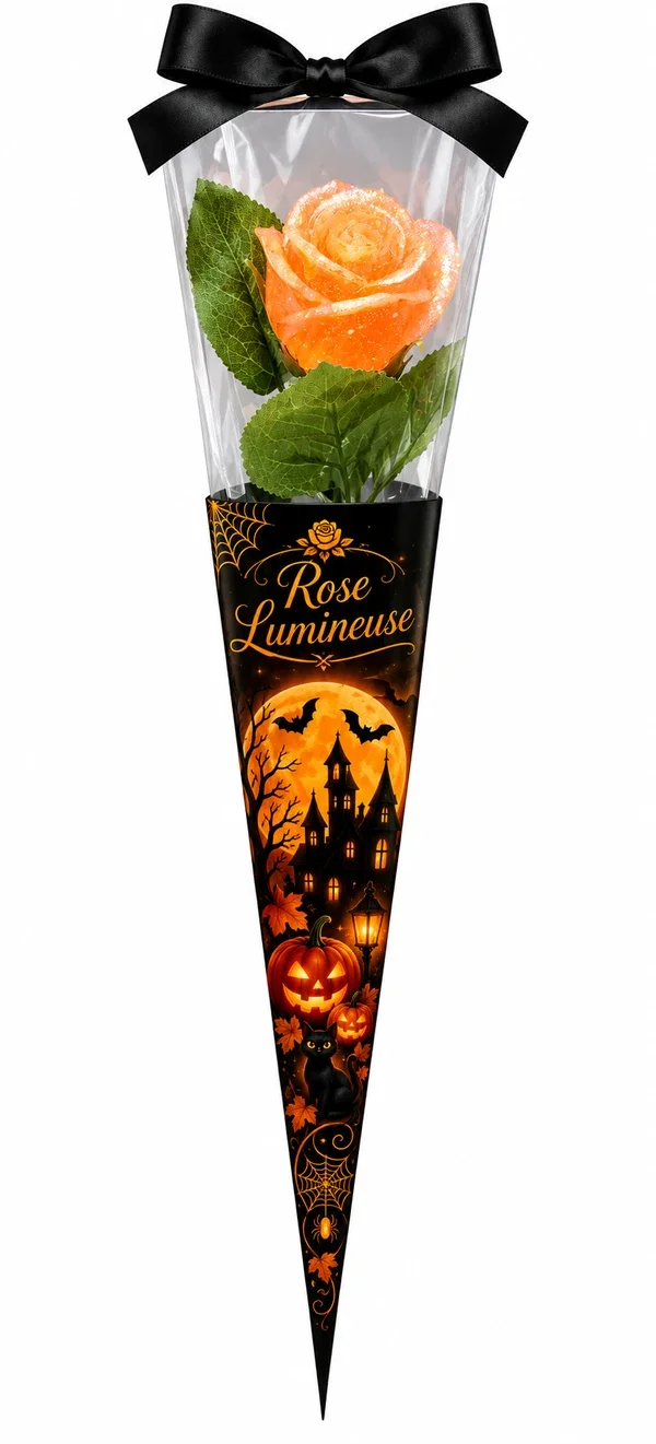 🎃🌹 Rose Éternelle Halloween – Orange Pailletée & Phosphorescente 🌹🎃