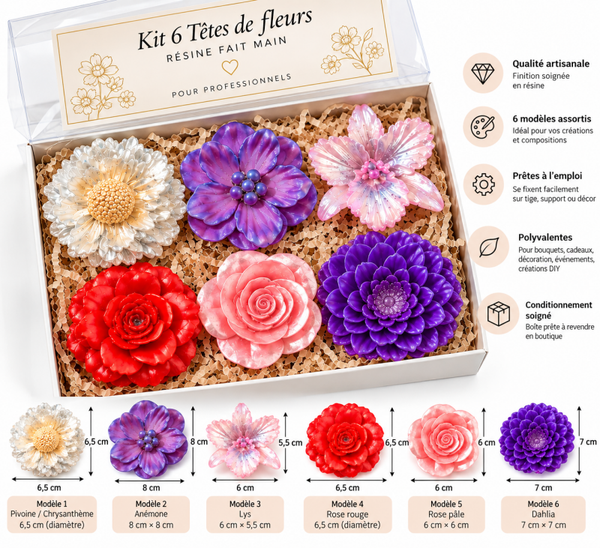 6 têtes de fleurs artisanales en résine