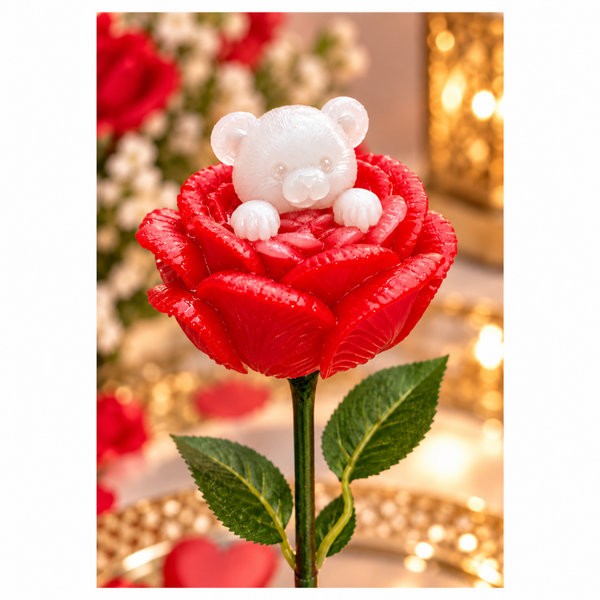 Rose en résine rouge avec ourson – Version classique ou phosphorescente