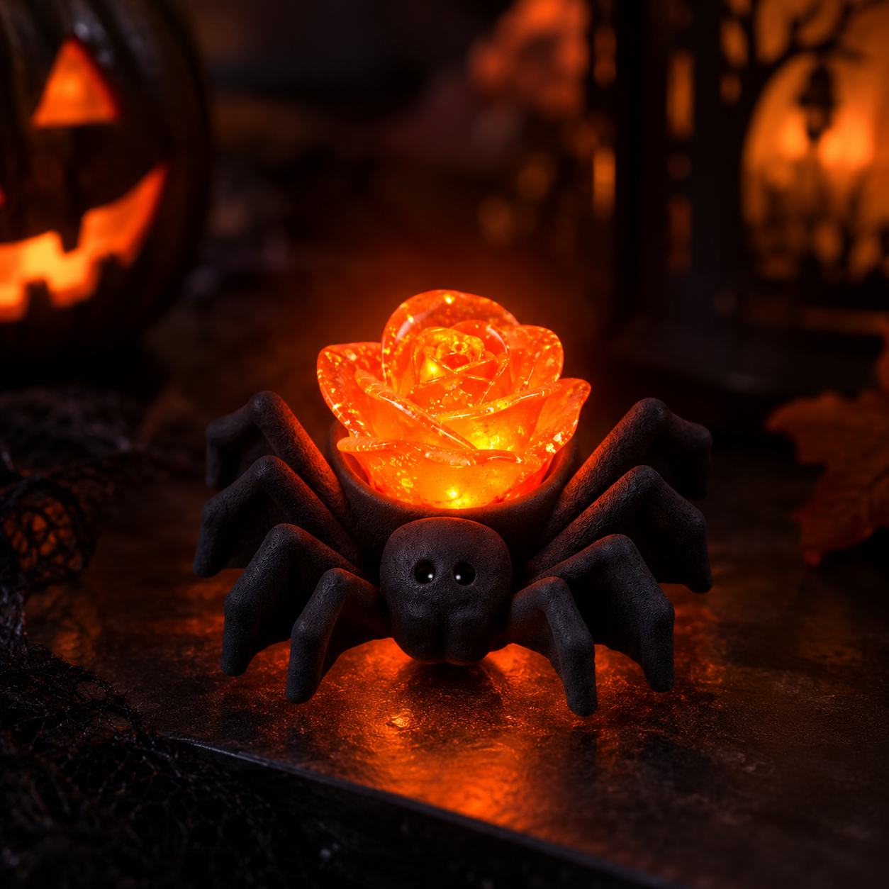 🕷️ Rose Phosphorescente Halloween – Support Araignée en Résine