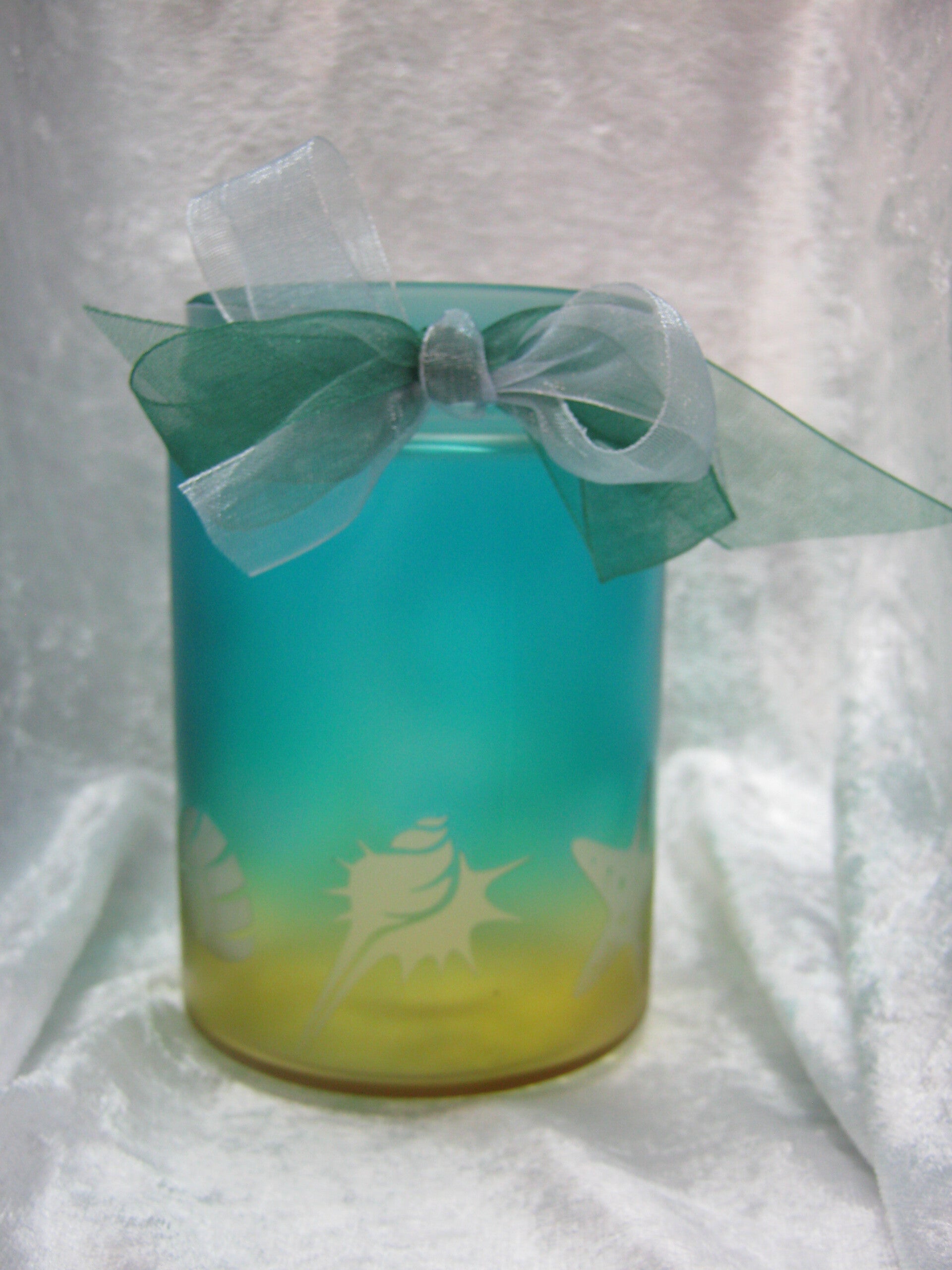 Dekoglas blau/gelb "Muscheln"