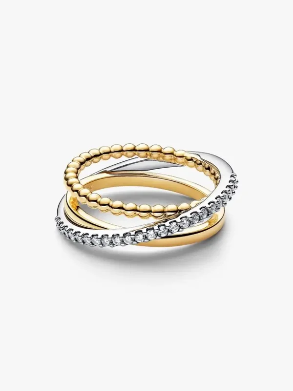 Pandora Ring Sterling Zilver en Goldplated gekruiste kralen, pavé-zetting, drievoudige band 164826C01