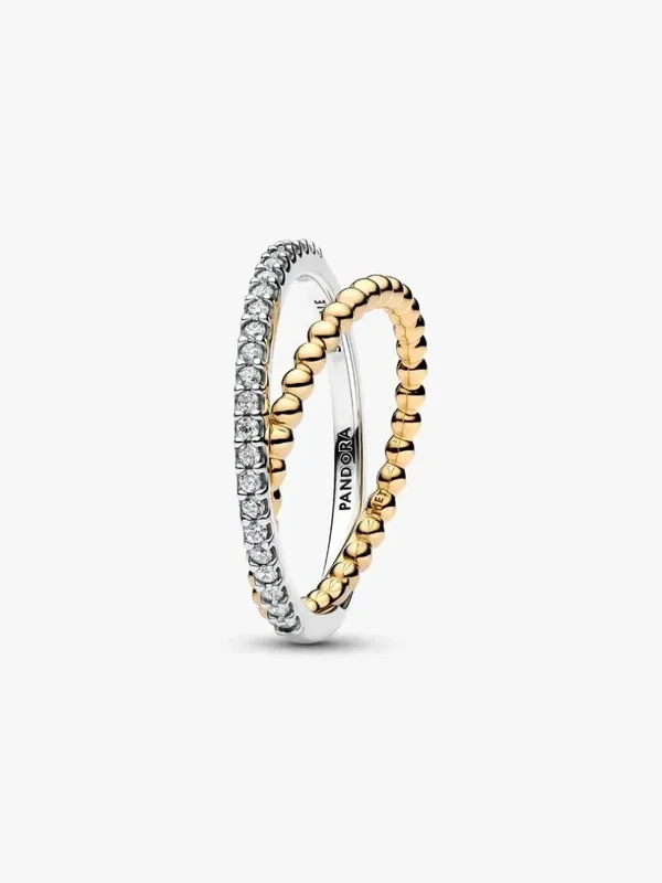 Pandora Ring Goldplated met gekruiste kralen en pavé-zetting, dubbele band 164827C01