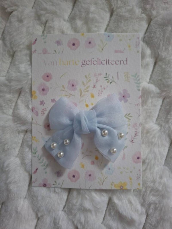 Cadeaukaart strik met parels blauw