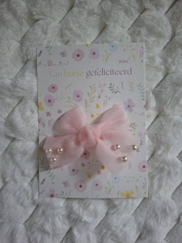 Cadeaukaart strik met parels roze