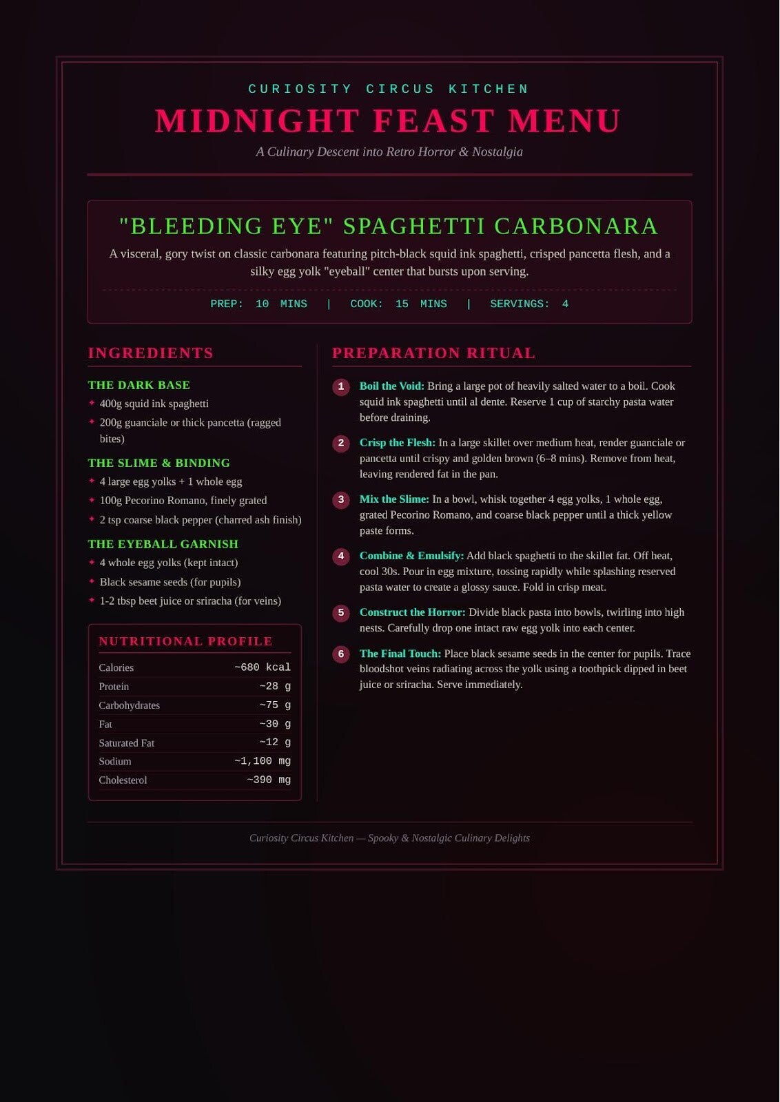 Bleeding Eyes Spaghetti Carbonara Menu Card