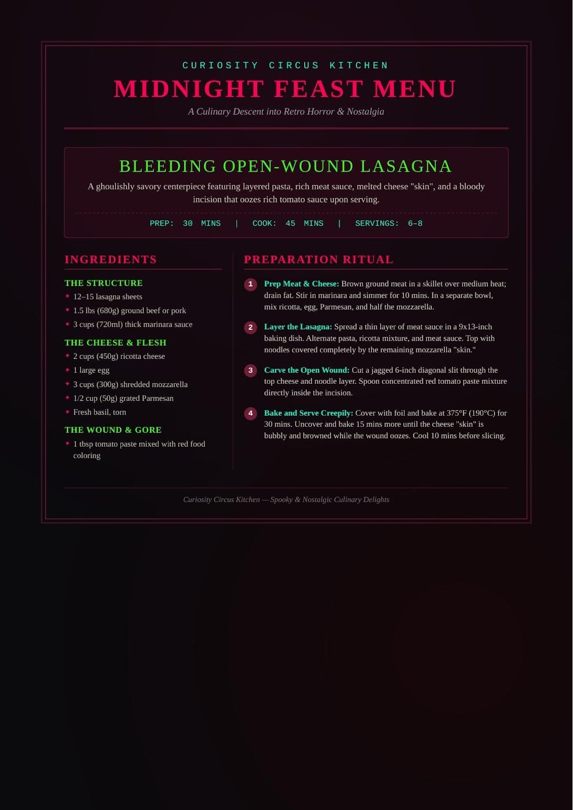 Bleeding Open-Wound Lasagna Menu Card
