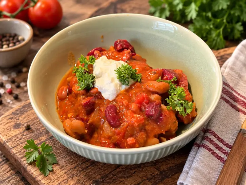 Baked Beans aus dem Cookit mit weißen Bohnen, Kidneybohnen, Cabanossi und Speck in würziger Tomatensauce, serviert mit saurer Sahne und Petersilie.