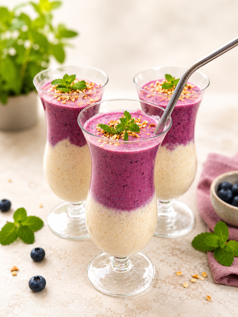 Cremige High-Protein Wildheidelbeer-Creme mit Skyr, Magerquark, Banane und frischen Wildheidelbeeren im Glas, zubereitet im Bosch Cookit.