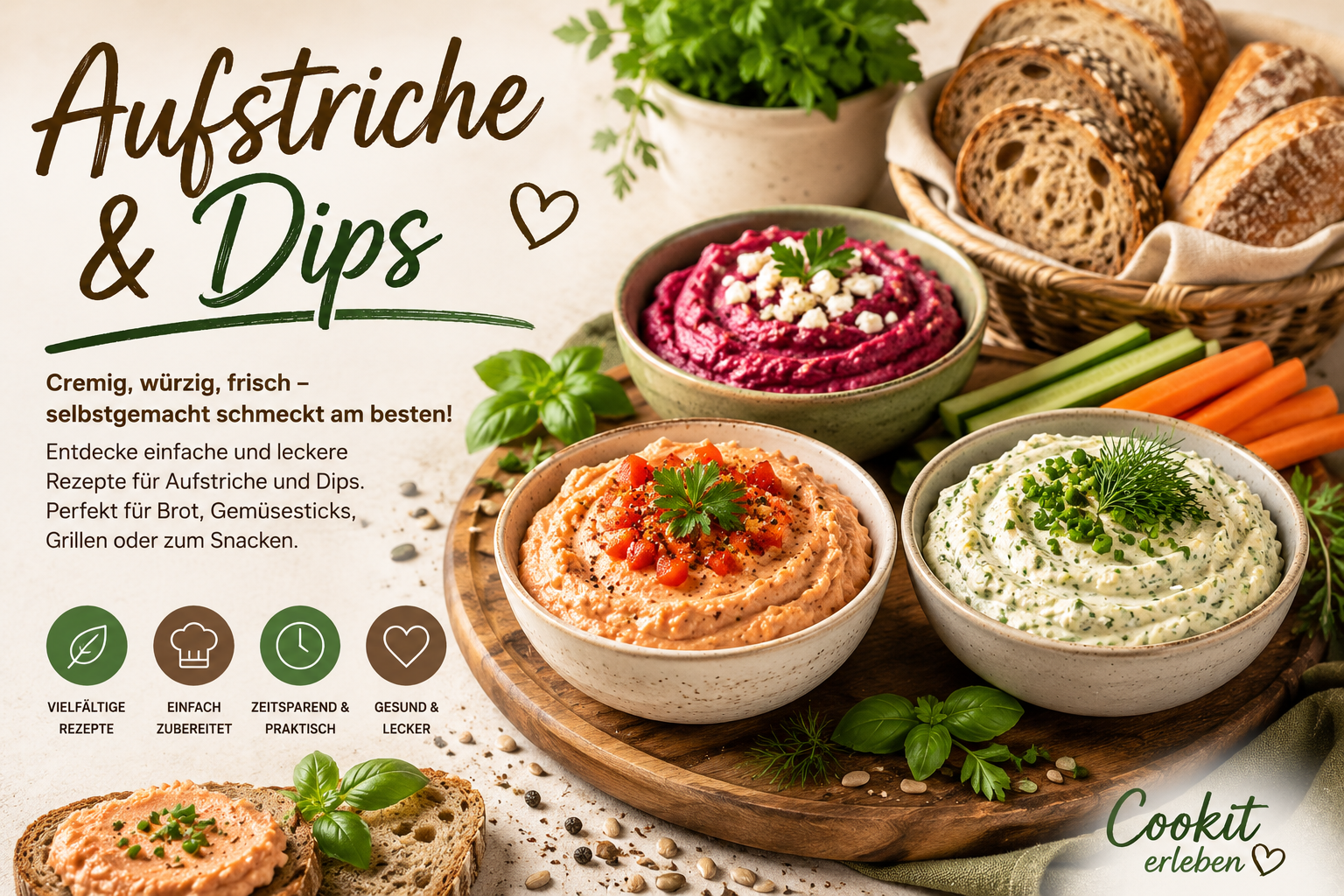Aufstriche und Dips mit dem Bosch Cookit – cremige Aufstriche und würzige Dips für Brot, Gemüse und Grillabende.
