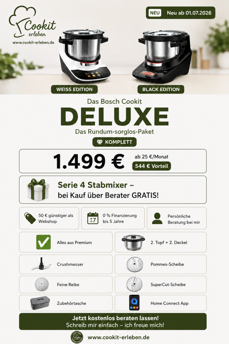 Bosch Cookit Deluxe Komplettpaket 2026 mit Weiß Edition und Black Edition, zweitem Topf mit Deckel, Crushmesser, Pommes-Scheibe, feiner Reibe, SuperCut-Scheibe, Zubehörtasche und Home Connect App – Angebot von Cookit-Erleben.de.